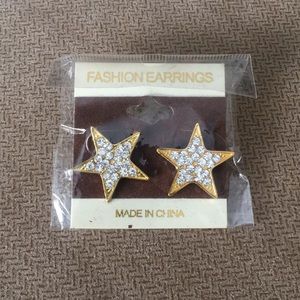 Gold Star Metal Earrings With Clear Rhinestones